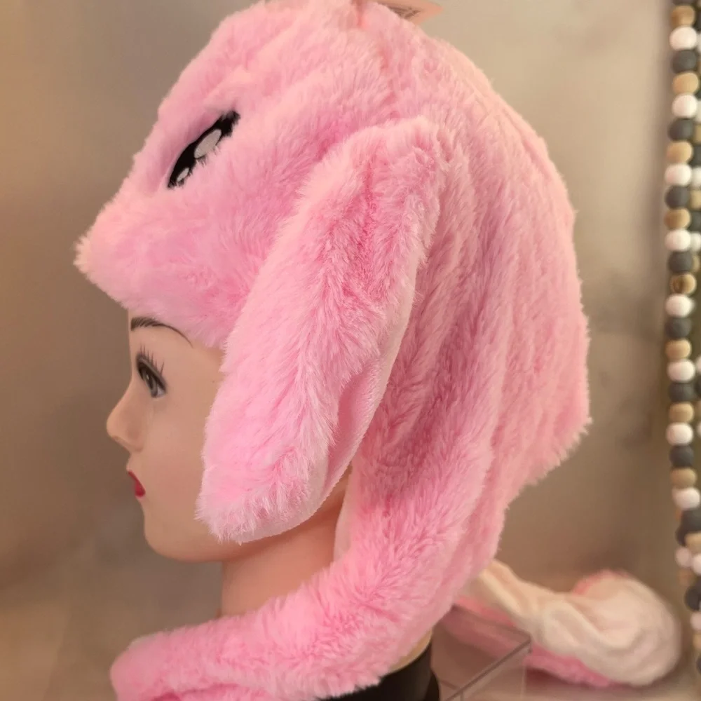 Funny Pink Bunny Plush Hat with Moving Ears one size